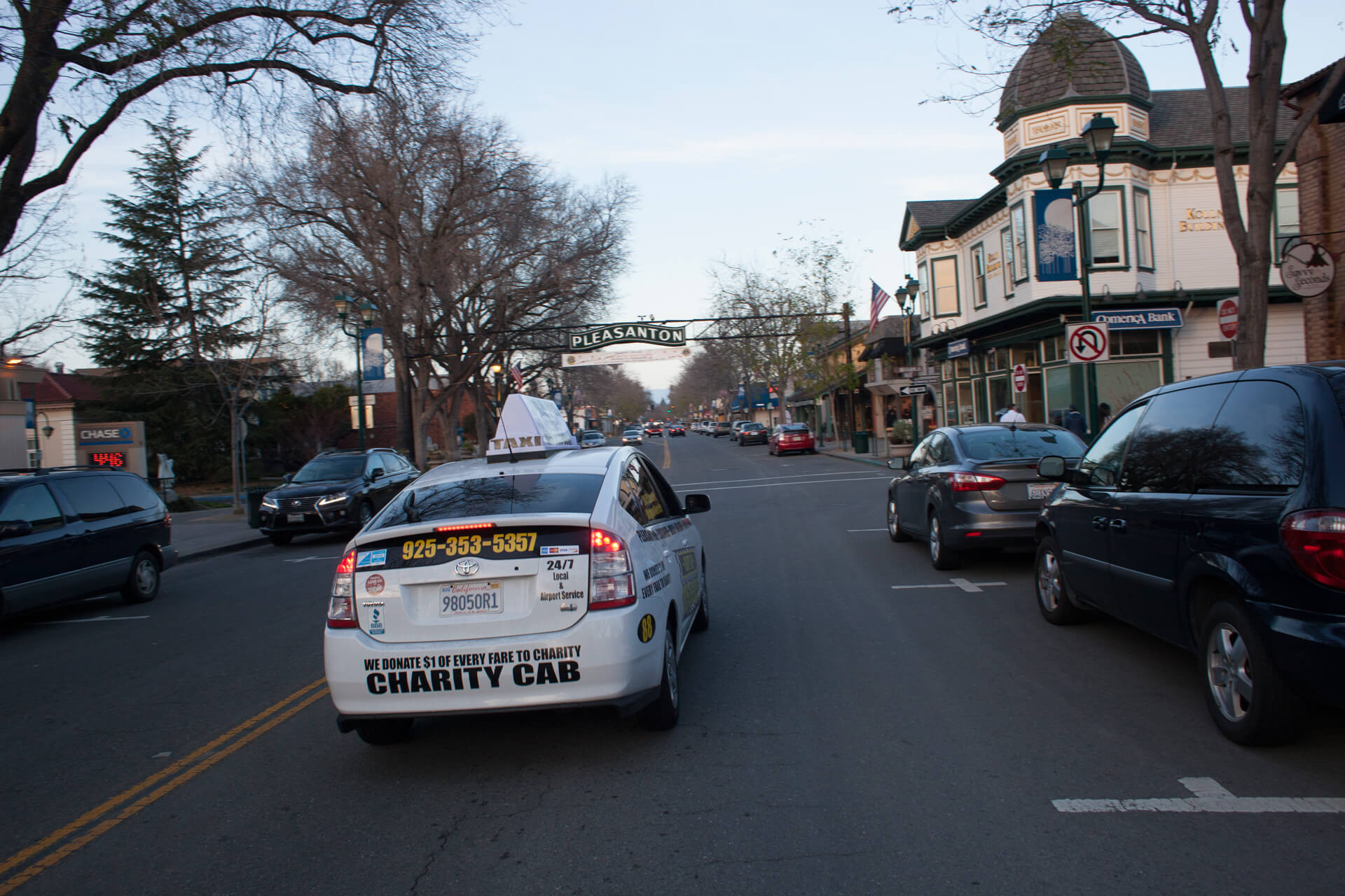 Charity cab driving in downtown Pleasanton taxi service